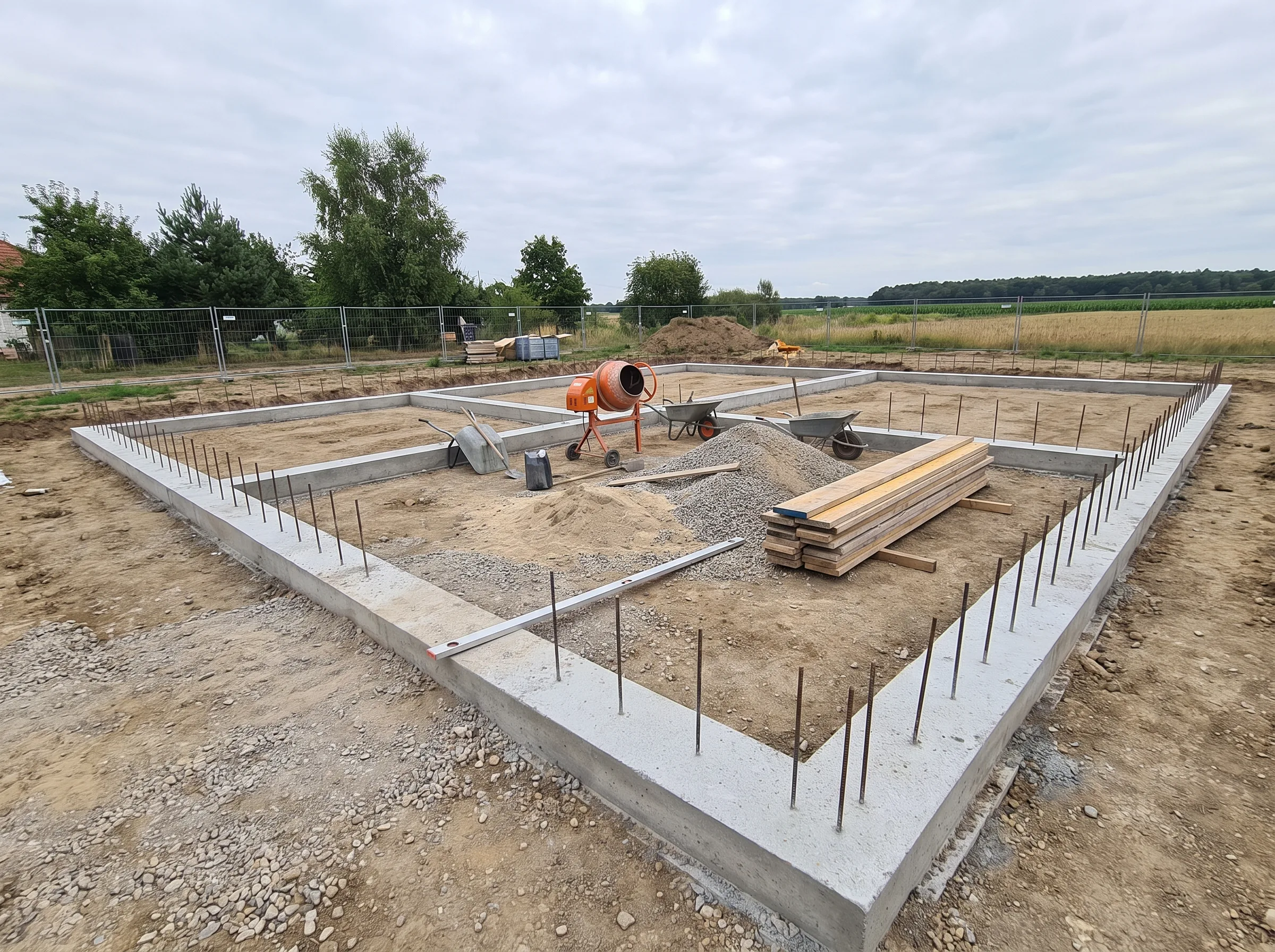Wykop i fundamenty pod budowę domu z betonowymi bloczkami i zbrojeniem