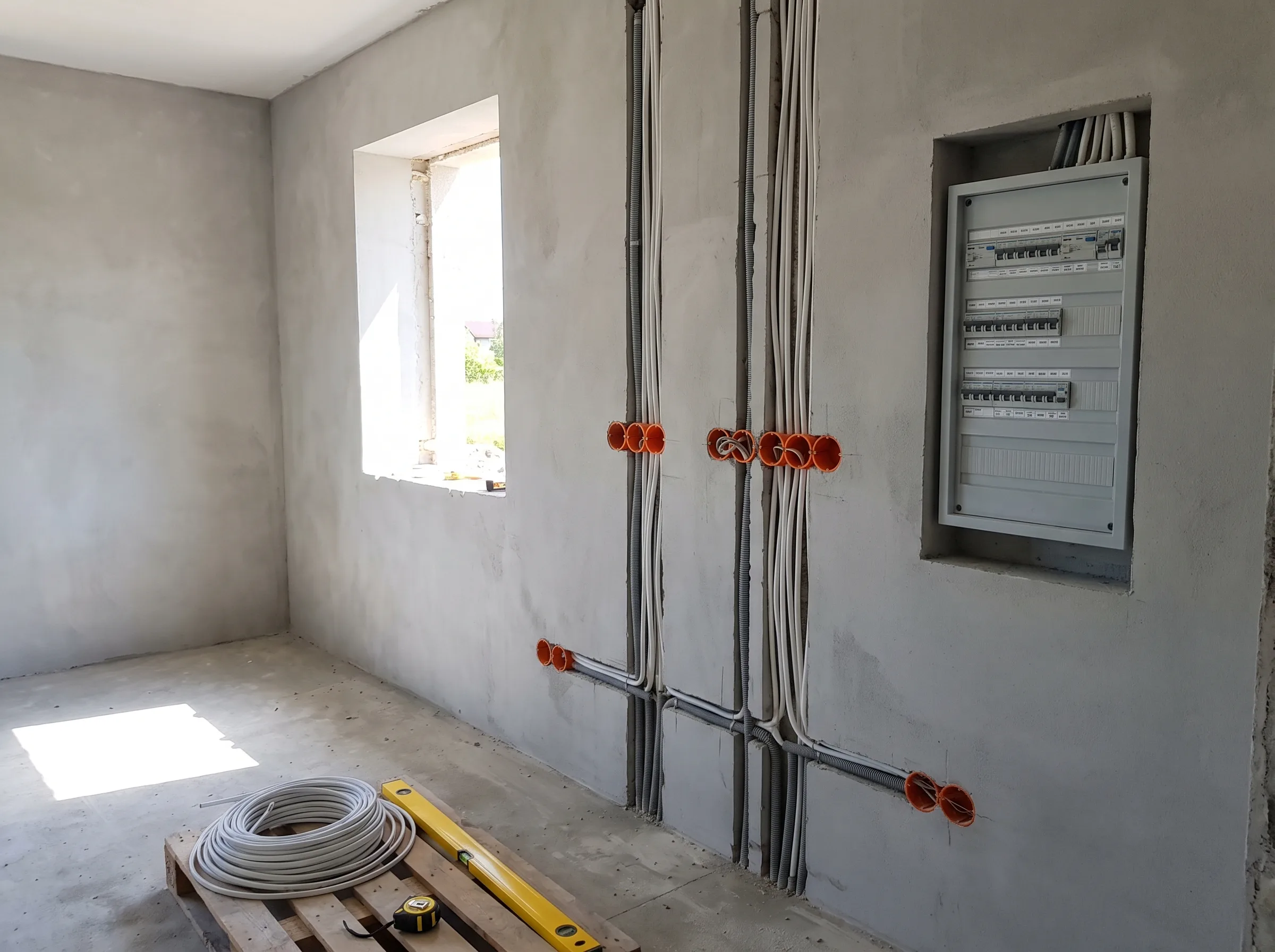 Instalacje elektryczne w nowym budynku, widoczna rozdzielnica i przygotowane kable