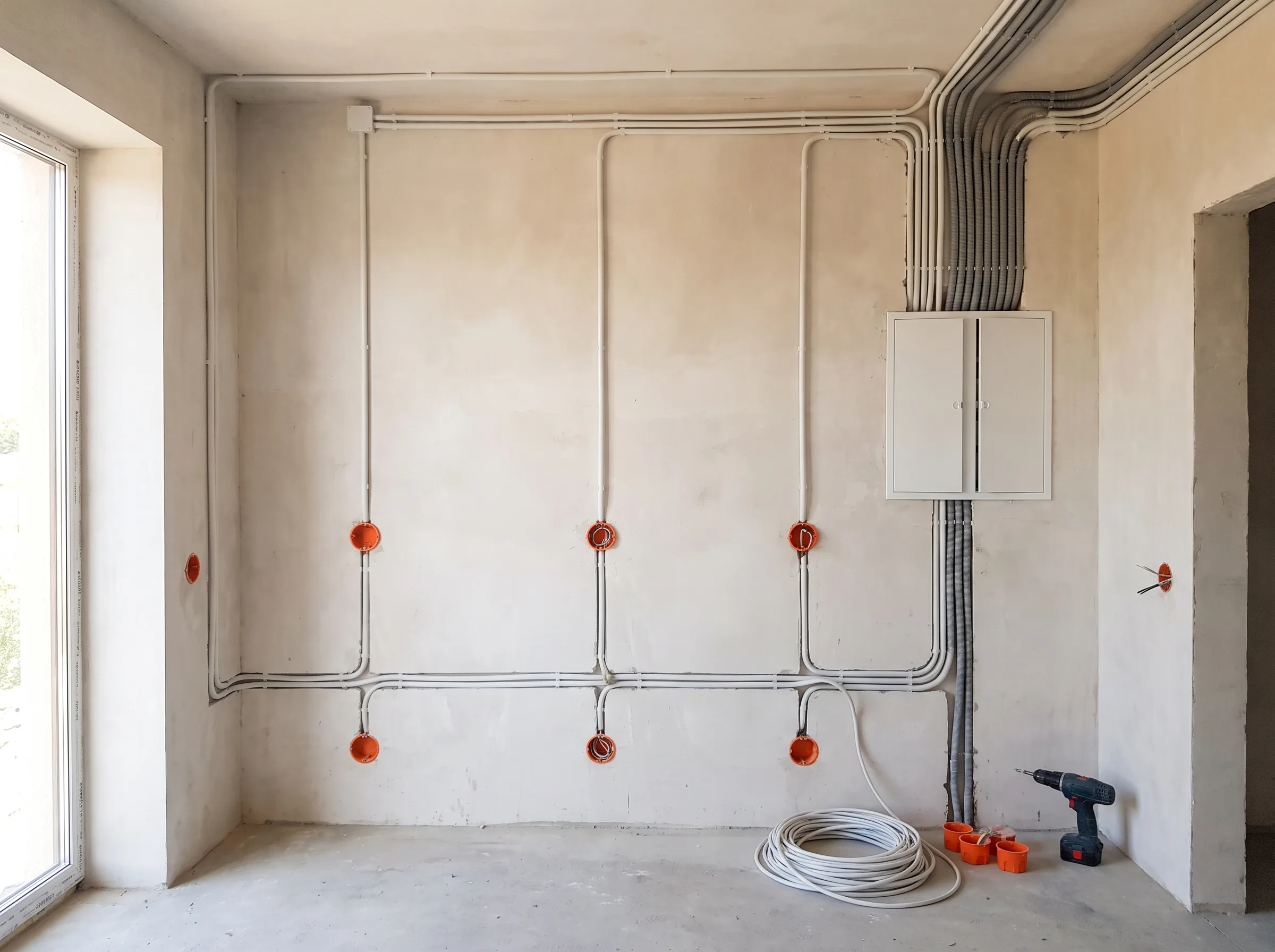 Instalacja elektryczna w budynku, widoczne puszki i kable na ścianie